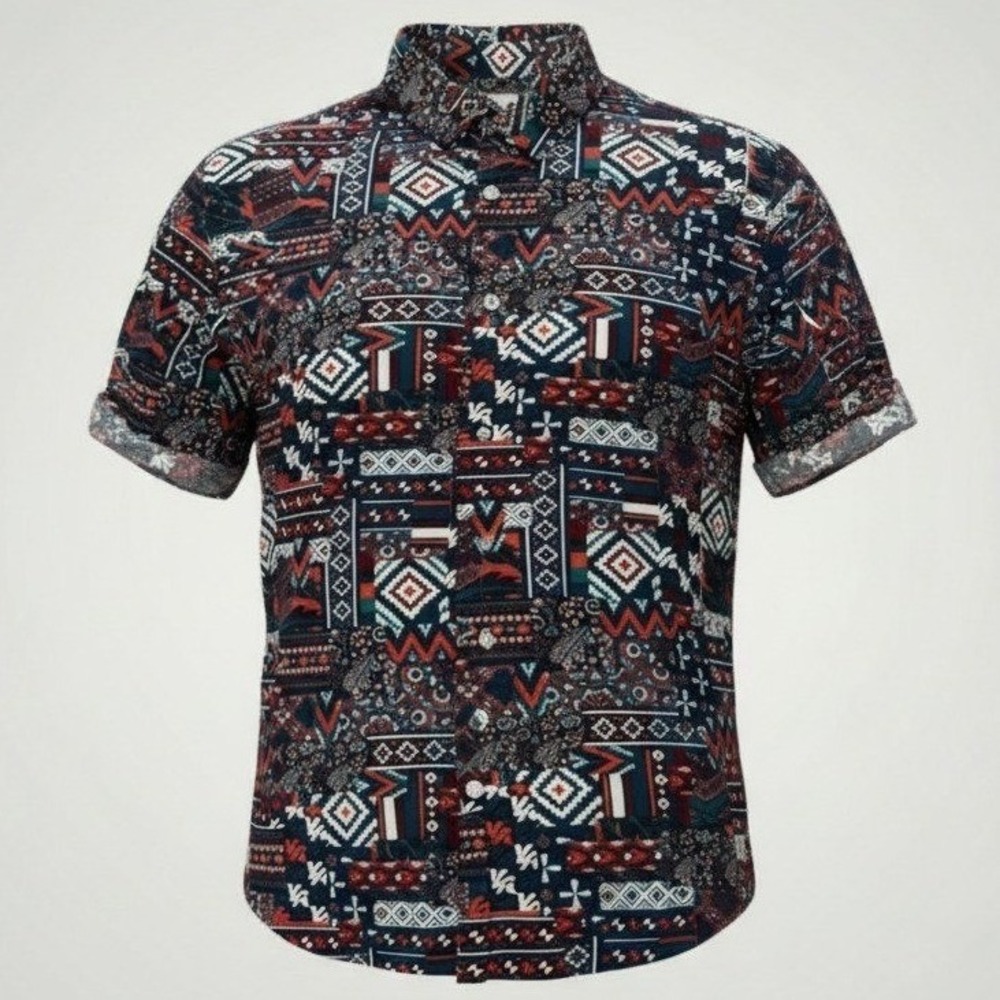 YoungLA Button Up Shirt Men Medium Tribal Red Geometric Paisley Patchwork Bold